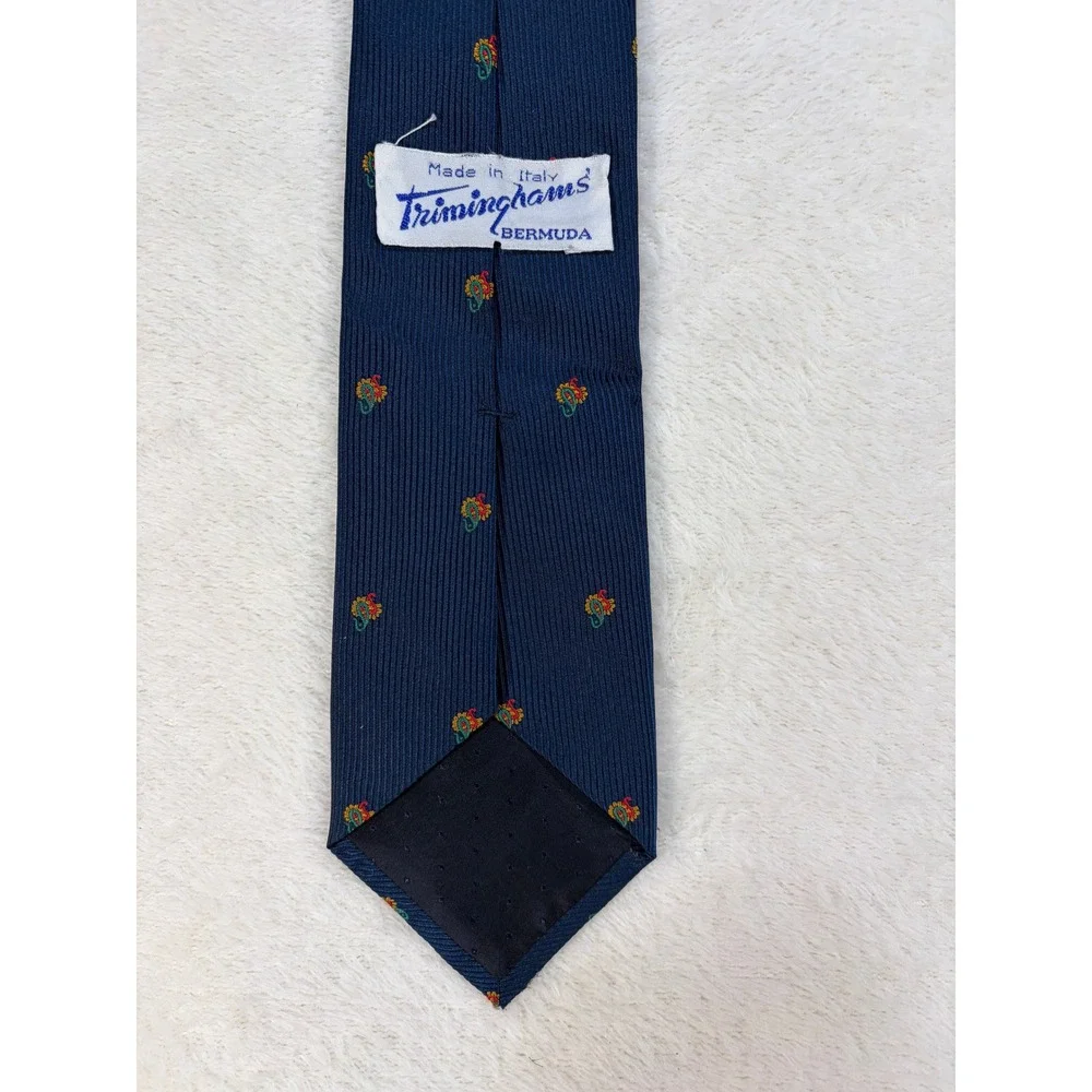 Triminghams Navy Silk Embroidered‎ Paisley Necktie Mens 3.25